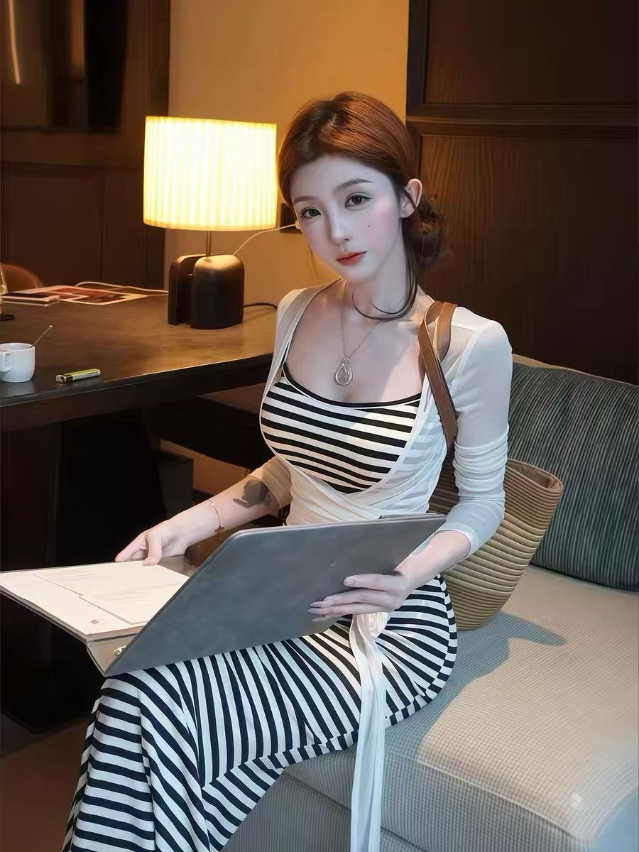 섹시함 핫걸 스트라이프 슬립 드레스 여자 여름 휴가 바람 로얄 자매 허리 수축 디스플레이 몸 타이트 스커트 길다 치마