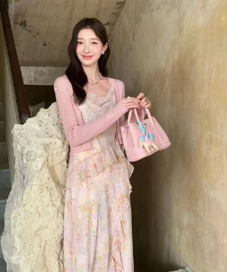 uone- 복숭아의 꽃 크릭 측면 낭만적 인 기질 흔들다 칼라 프릴 슬림해 보이는 슬립 드레스