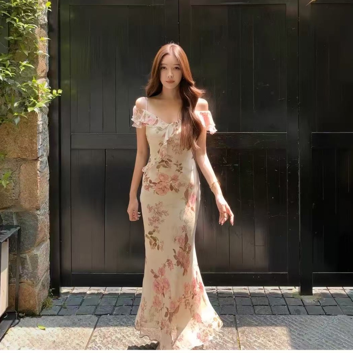 시 웨이 리앙 영국 로즈 가든 영국 fws 프린트 무거운 작업 꽃 치마 슬립 드레스 맨위 여성
