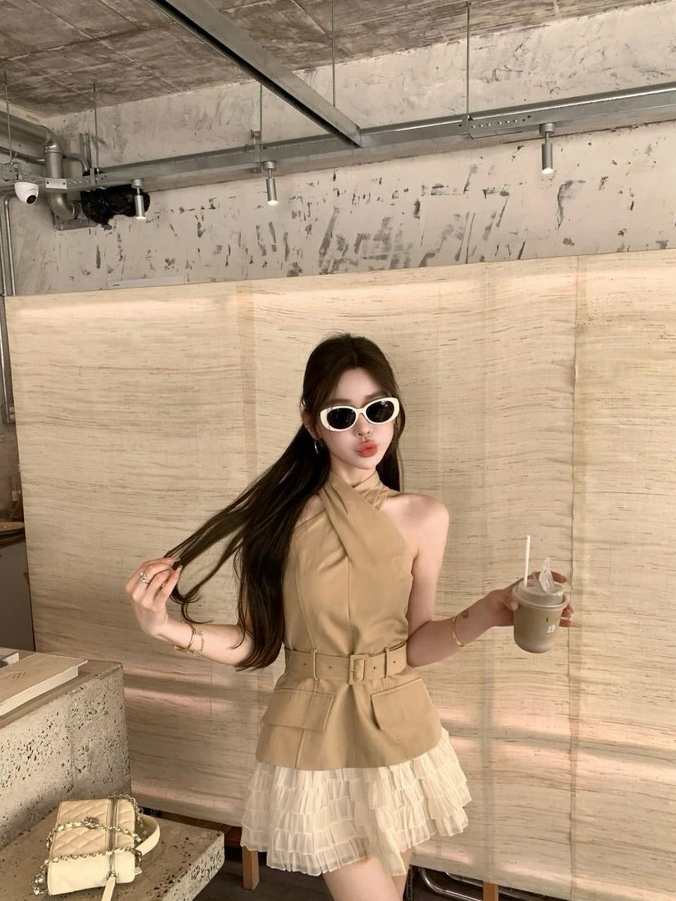 쌀 Na 홈 감기 원 웨이 카키 색 십자가 벨트 조끼 베이지 색 쉬폰 무거운 작업 층 반 스커트