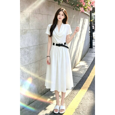 批发2026精挑四色夏季新款韩调荡领短袖大下摆干净温柔连衣裙配皮带女