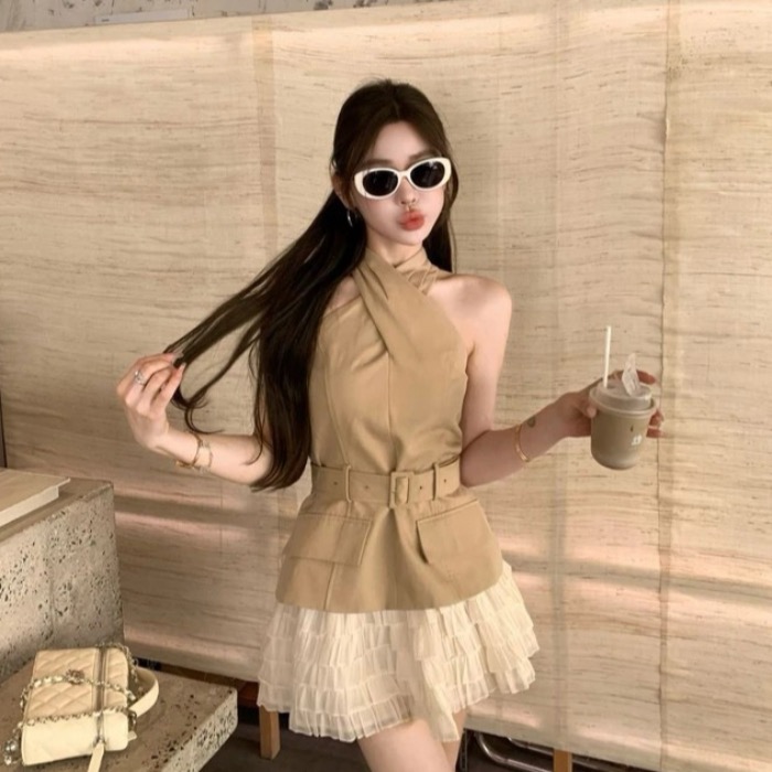 쌀 Na 홈 감기 원 웨이 카키 색 십자가 벨트 조끼 베이지 색 쉬폰 무거운 작업 층 반 스커트