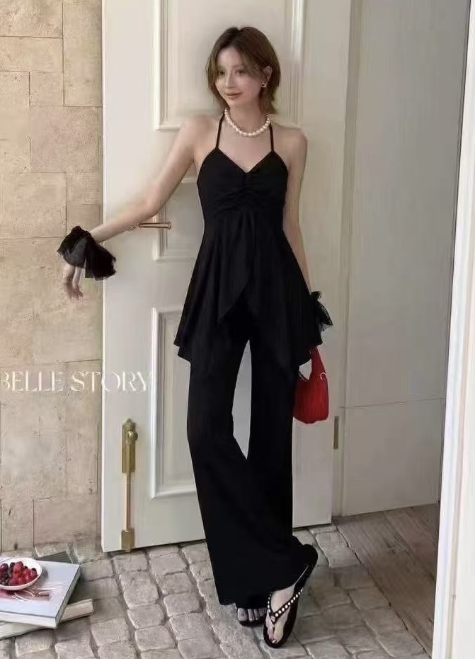새로운 레트로 불규칙 주름 행침 목 주간 실크 데님 조끼 허리밴드 넓은 다리 부츠컷 바지 세트