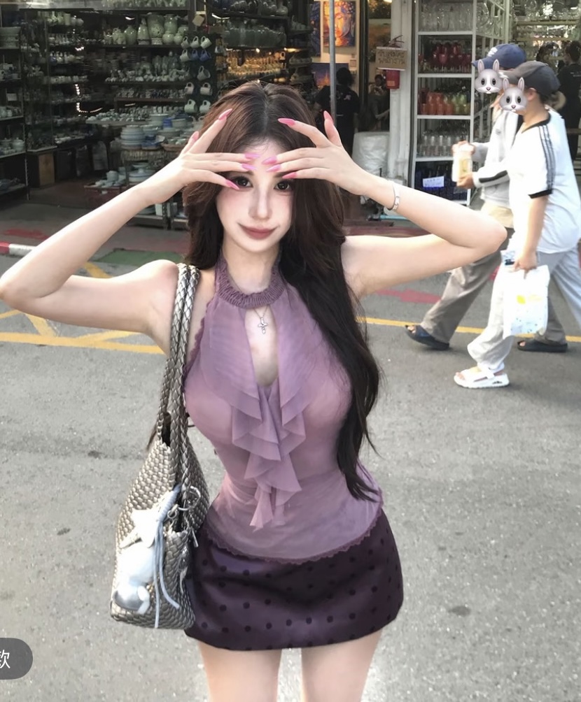 mejiu 꿀 나인 조용한 라임 연기 봄 행침 목 순수한 욕망 쉬폰 보라색 도트 무늬 섹시함 여름 타이트 스커트 세트