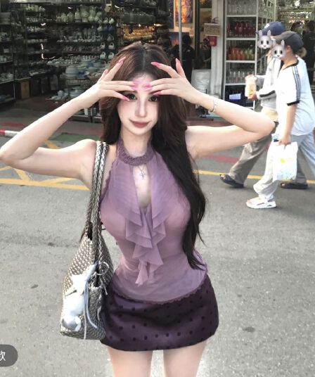 mejiu 꿀 나인 조용한 라임 연기 봄 행침 목 순수한 욕망 쉬폰 보라색 도트 무늬 섹시함 여름 타이트 스커트 세트