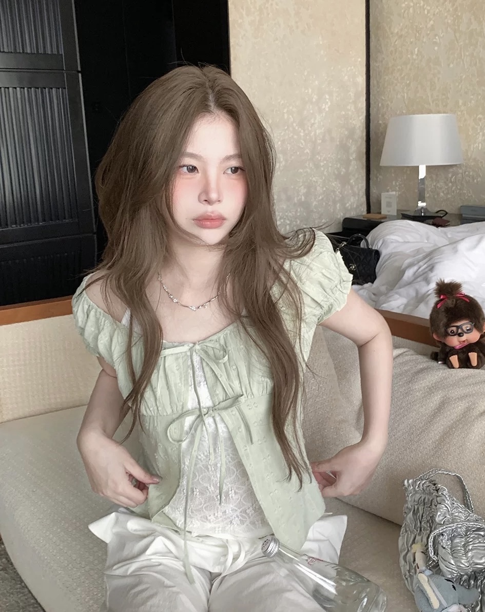 sasaouni 한 부서 디자인 센스 레이스 조각 페이크 레이어드 여성 셔츠 거품 소매 허리 수축 슬림해 보이는 행침 목 맨위