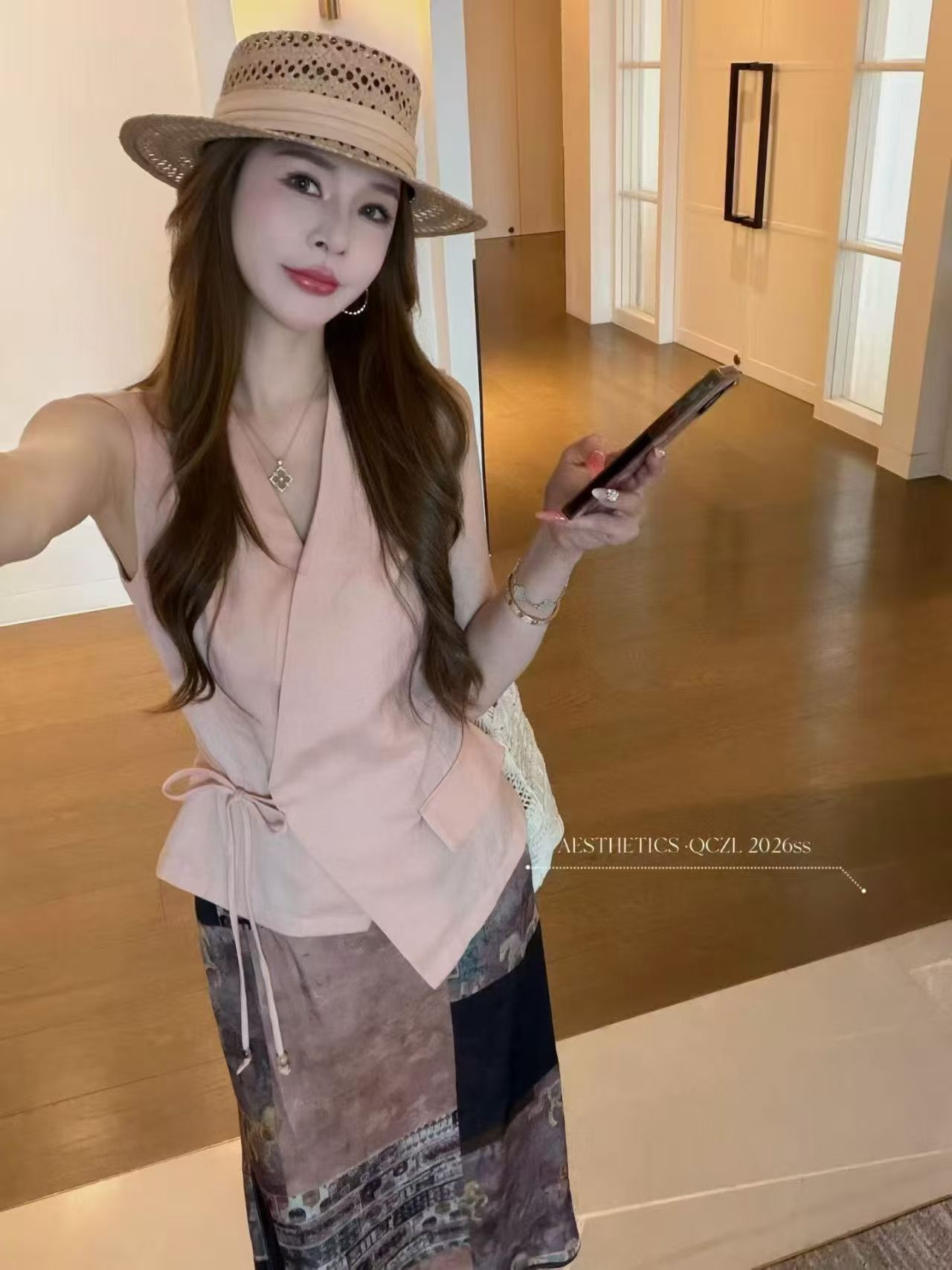 새로운 한 부서 패션 측면 레이스업 허리 주간 실크 아마 베스트 재킷 하이웨이스트 꽃무늬 반신 치마 세트