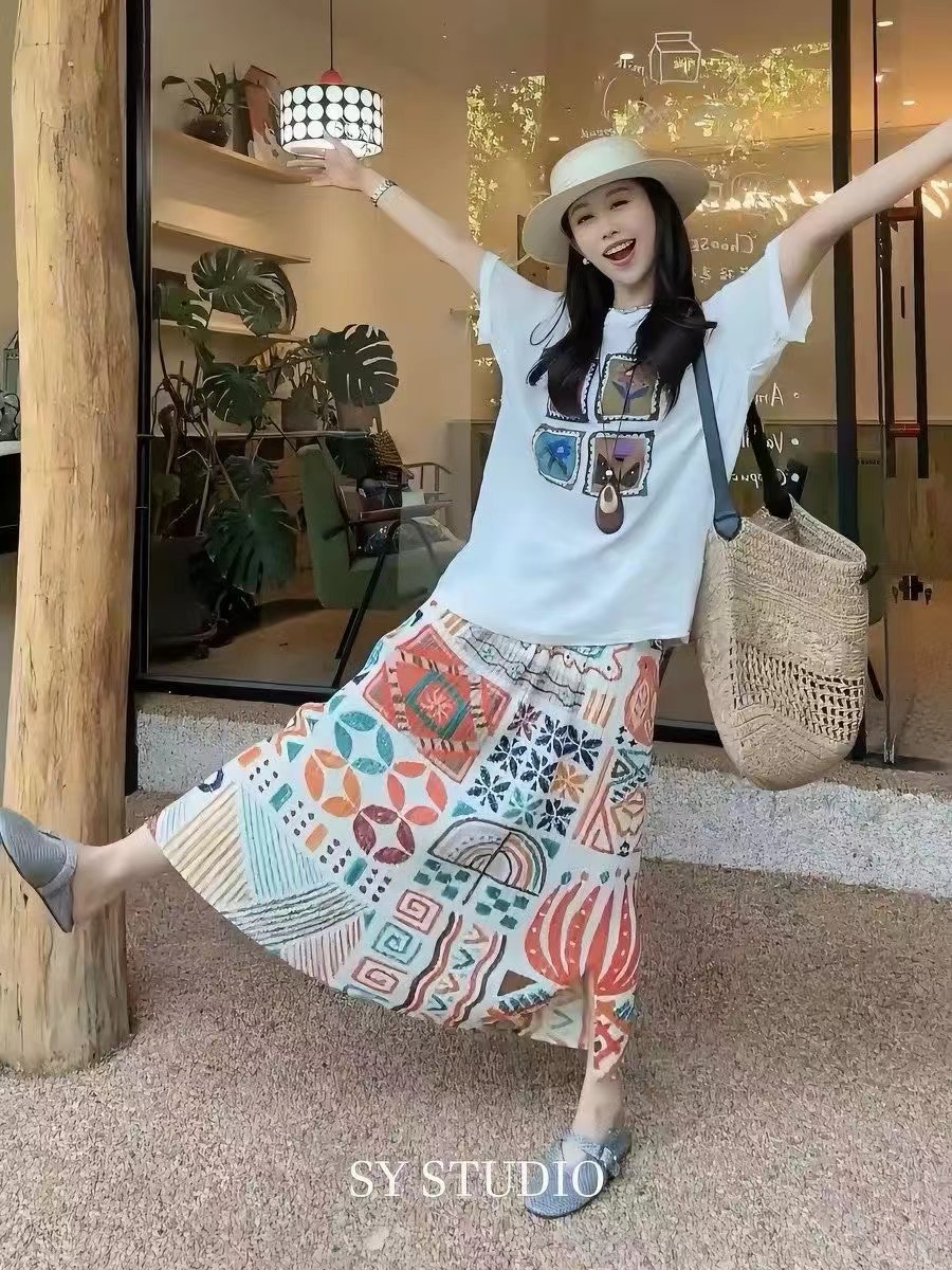 한국 스타일 루즈핏 네 궁전 그리드 만화 다용도 연령 감소 라운드 넥 반팔 맨위 레트로 품격 슬림해 보이는 반신 스커트