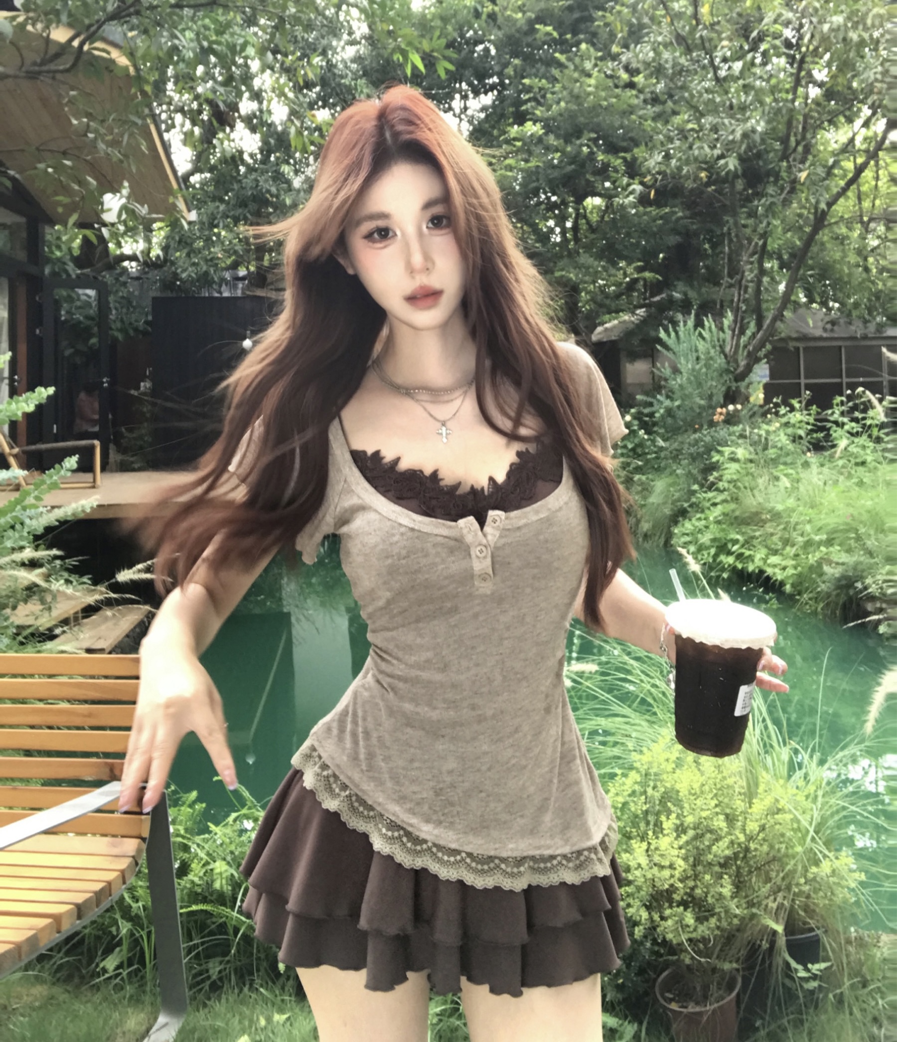 mejiu 꿀 나인 코코아 가져 가라. 철 사실 두 조각 순수한 욕망 레이스 여성 드레스 여름 허리 수축 디자인 치마