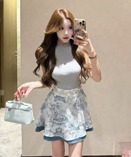 한 부서 품격 작은 샤넬 스타일 세트 여성 2026 여름 어깨 민소매 니트 조끼 수묵화 미니 스커트 투피스 세트