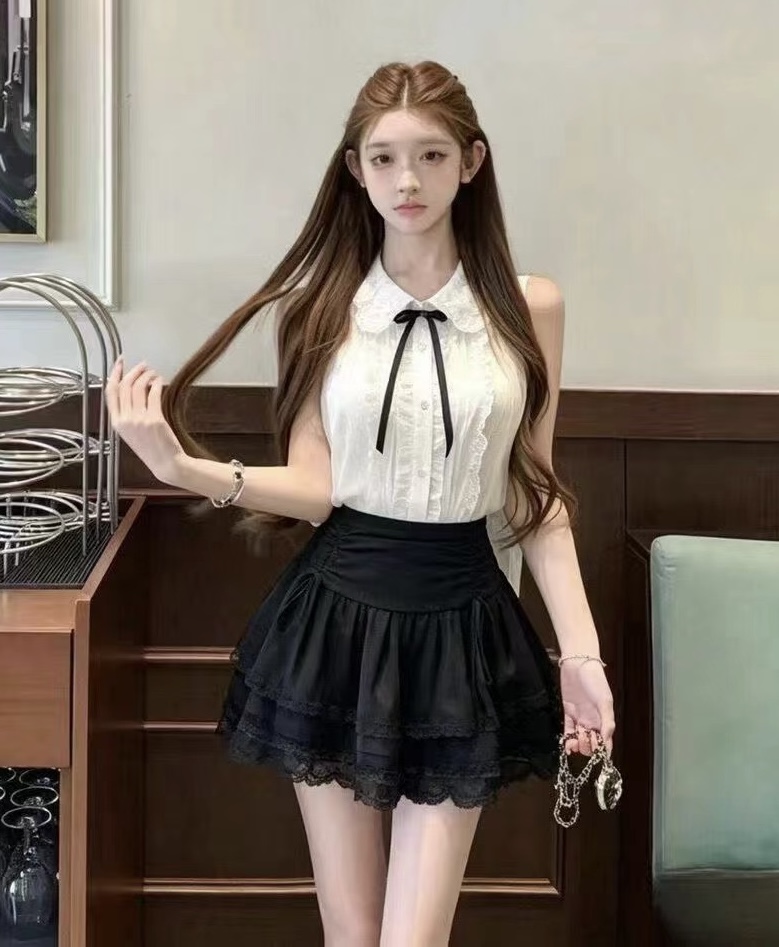 새로운 프랑스식 궁정 바람 프릴 민소매 베이비 칼라 셔츠 하이웨이스트 슬림해 보이는 반신 치마 세트