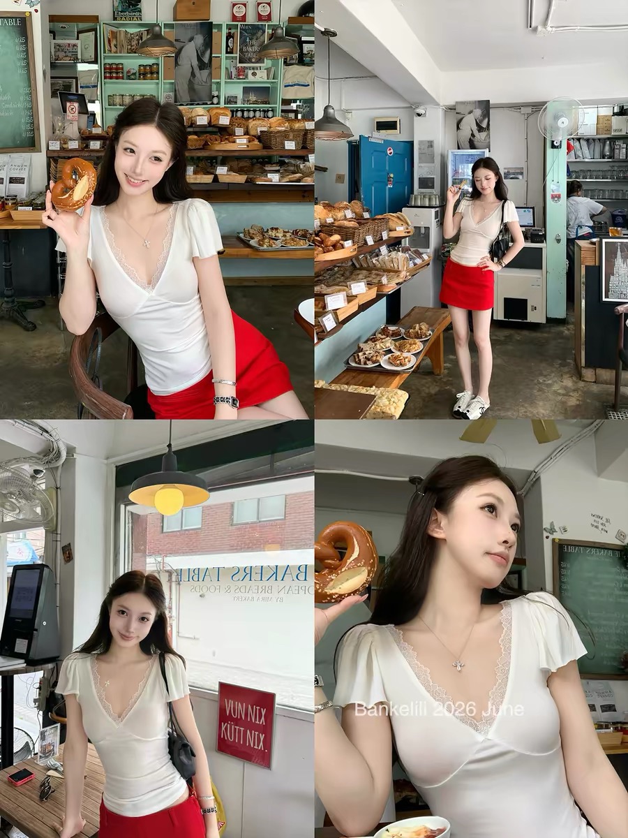 밤나무 코코아 bankelili ~보다 에프 이익 화이트 여성 77 주간 실크 19 양모 V넥 레이스 순수한 욕망 몸매 가꾸기 티셔츠