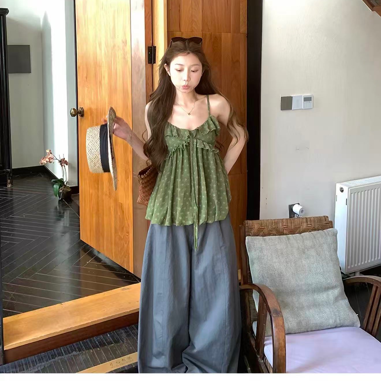 xxiiuu 회색 조정 저녁 바람 느슨함 센스 넓은 다리 바닥 청소 바지 여성 여름 통기성 미니멀리즘 다용도 캐주얼 바지