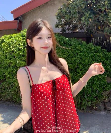도파민 바람 빨간색 도트 무늬 패치워크 프릴 슬립 쉬폰 루즈핏 슬림해 보이는 만나는 외출용 백리스 맨위 여성