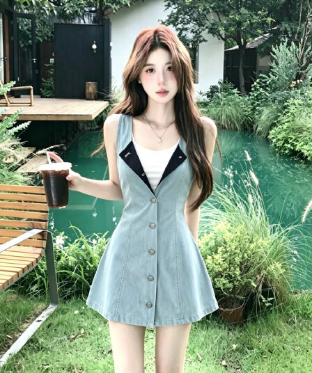 실사 하늘색 데님 싱글 줄 버튼 민소매 여성 드레스 여름 작은 키 순수한 욕망 핫걸 허리 수축 한 마디 짧은 치마