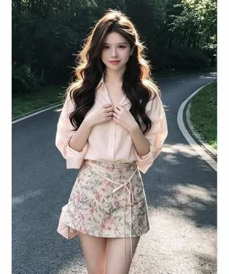 새로운 순수한 욕망 바람 핫걸 레트로 섹시함 폴로 칼라 긴팔 셔츠 하이웨이스트 꽃무늬 반신 스커트 투피스 세트