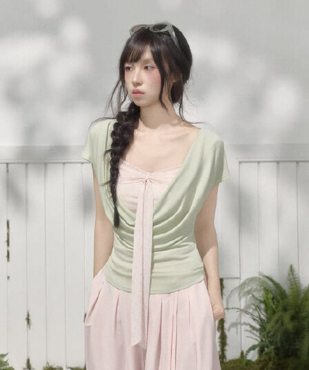 umoumo 우 버섯 여름 라이 경기 서울 흔들다 칼라 사실 투피스 세트 꽃무늬 패치워크 티셔츠 도루 센스 통기성 레이스업 반팔