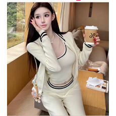 批发秋冬休闲运动套装女巨好看韩系针织开衫吊带背心<b class='q'>裤</b>子华夫格三件套