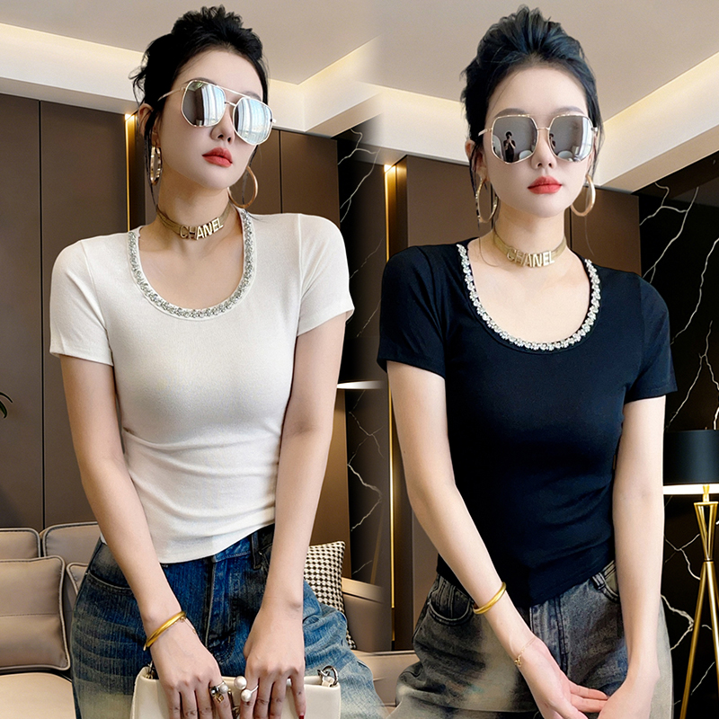 RY665# 2026新款圆领短袖手工钉珠t恤女洋气上衣t恤女修身打底衫潮