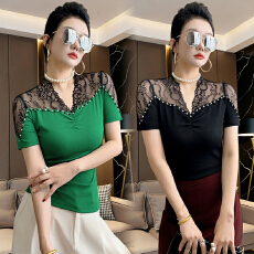 批发新款打底衫修身时尚圆领袖口钉珠纯色短袖洋气设计感T恤女