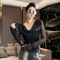 批发春夏新款荡领长袖镂空荷叶边两件套网纱t恤女修身吊带小衫<b class='q'>潮</b>