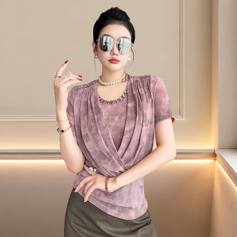 새로운 패션 몸매 가꾸기 수공 비즈 박기 은사 망사 핫픽스 패치워크 라운드 넥 반팔 주름 티셔츠 여성 트렌디