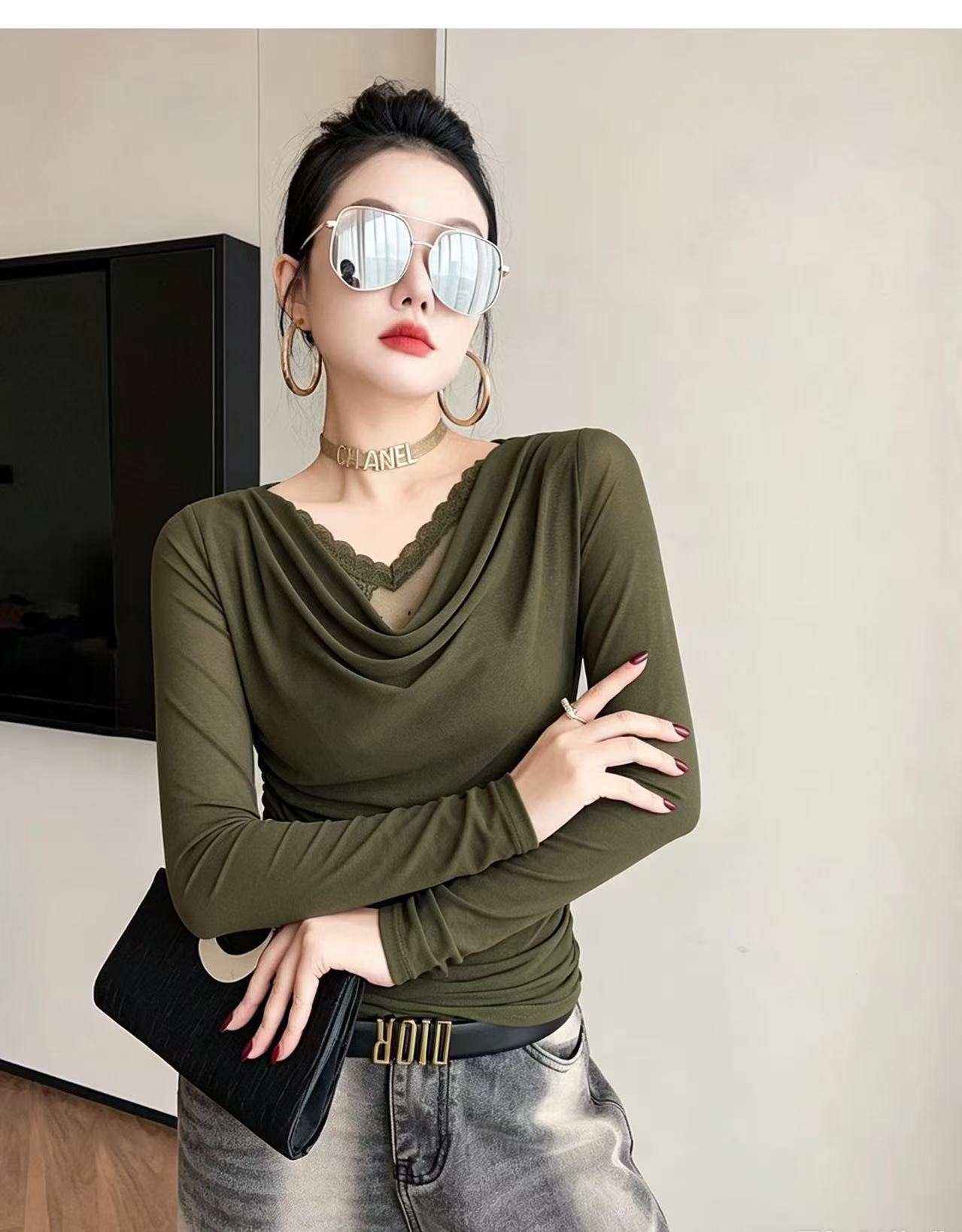 BY30921# 秋季新款蕾丝花边拼接长袖荡领打底衫长袖女潮 服裝批發女裝批發服飾貨源