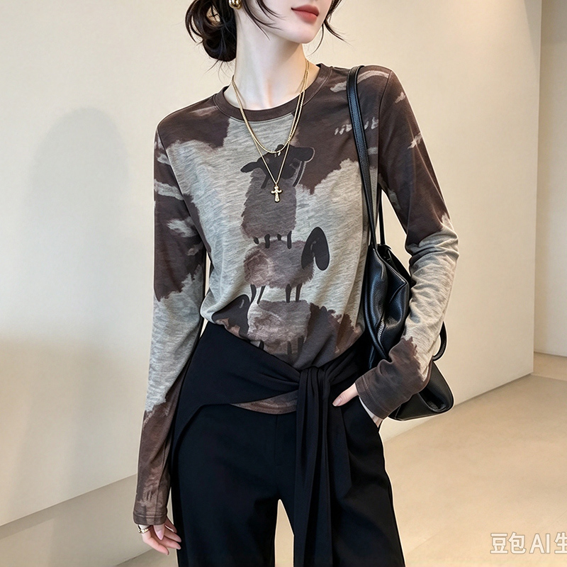 春秋装新款圆领长袖网纱定位印花t恤女时尚修身打底衫潮 服裝批發女裝批發服飾貨源