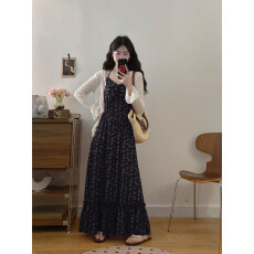 批发实拍2026春季新款胖MM复古荷叶边巨显瘦开衫外套+花吊带裙两件套