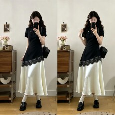批发实拍<b class='q'>大码</b>女装2026夏季新中式黑白撞色蕾丝通勤收腰显瘦气质连衣裙