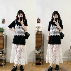 批发实拍大码女装2026夏季新款法式温柔风宽松显瘦<b class='q'>黑白</b>蕾丝拼接<b class='q'>连衣裙</b>