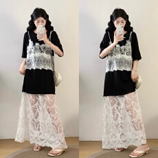 批发实拍大码女装2026夏季新款法式温柔风宽松显瘦<b class='q'>黑白</b>蕾丝拼接<b class='q'>连衣裙</b>