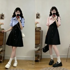 批发实拍大码女装2026新款韩系温柔风假两件衬衫收腰显瘦气质连衣裙