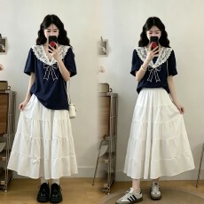 批发实拍大码女装2026夏季新款韩系温柔风蕾丝领上衣+蛋糕长裙两件套