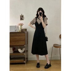 批发实拍大码女装2026夏季新款时尚气质条纹背带收腰显瘦假两件<b class='q'>连衣裙</b>