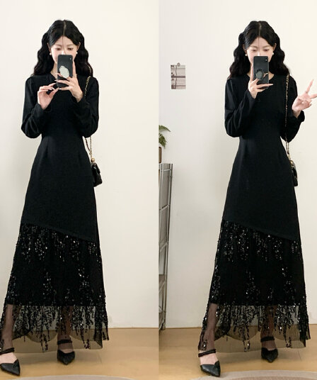 빅 사이즈 여성 의류 실사 2026 가을 새로운 품격 허리 수축 슬림해 보이는 불규칙 패치워크 스팽글 망사 드레스