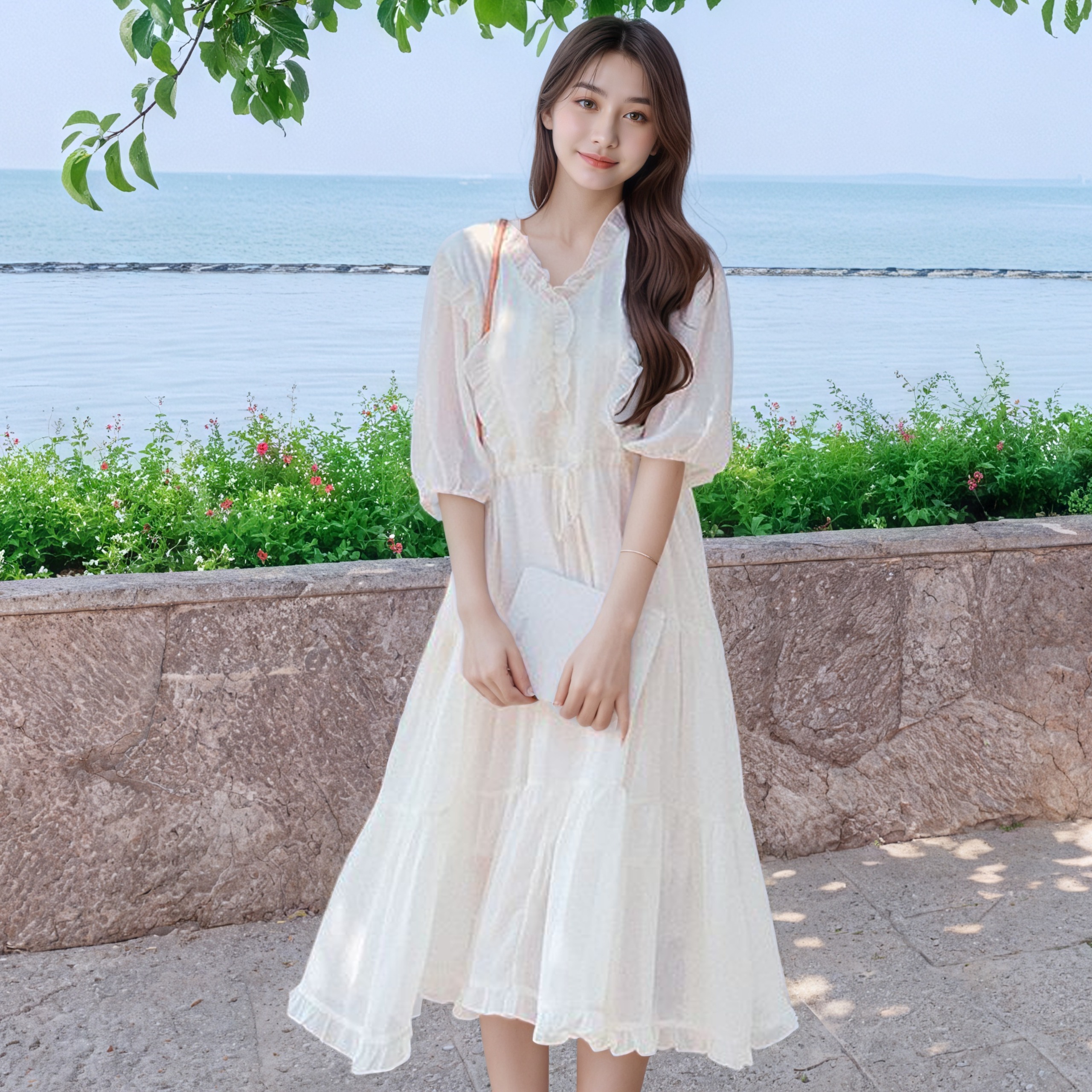 MY7696# 夏新款白月光连衣裙女法式木耳边雪纺系带收腰显瘦甜美初恋小白裙女裝貨源服裝批發