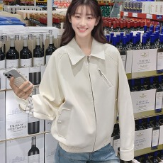 批发米白色高级感时尚百搭PU皮外套女短款2025春新款韩版休闲翻领上衣