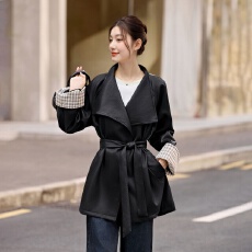 批发时尚百搭翻领长袖皮衣<b class='q'>外套</b>女秋装2025秋季新款系带显瘦<b class='q'>中长款</b>上衣