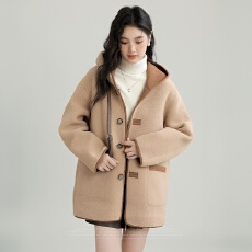 批发2025冬季新款卡其色加厚连帽棉服女皮毛一体两面穿宽松气质外套潮