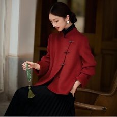 批发新中式国风短款呢外套女2025秋季新款简约时尚百搭小个子毛呢上衣