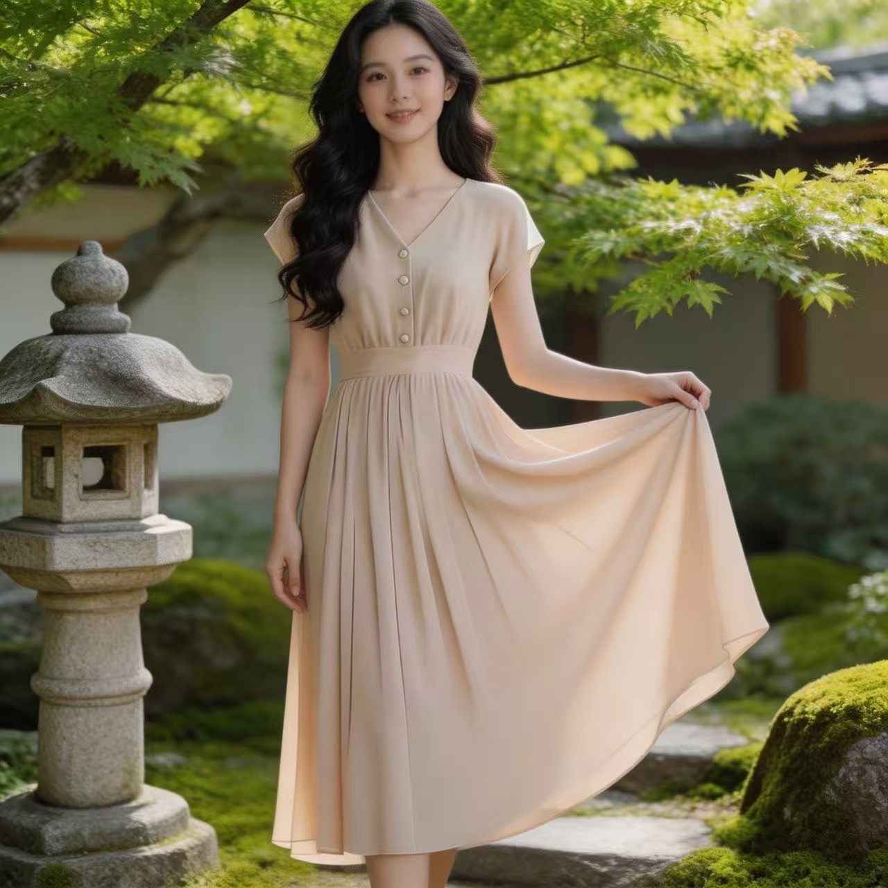 RY429# 2026夏季新款法式轻奢大气质名媛雪纺中长裙质感优雅松紧腰连衣裙
