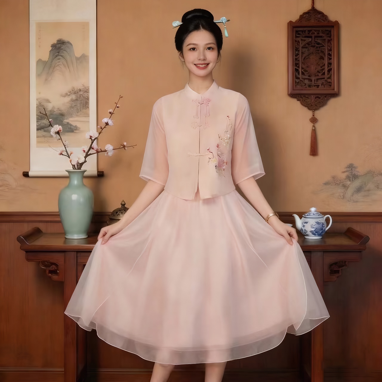 RY427# 新中式穿搭国风禅意茶服女夏季小个子改良汉服一整套装裙2026新款