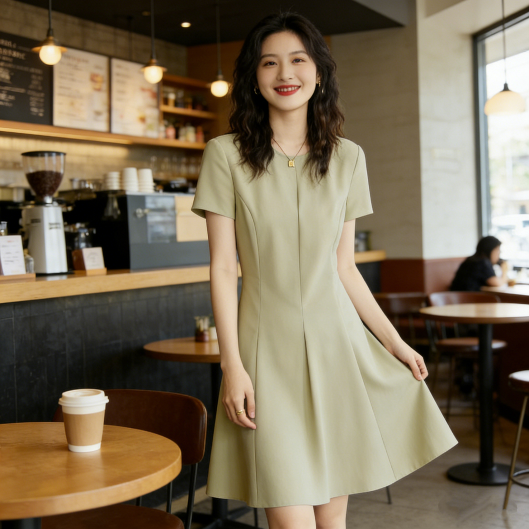 RY425# 森系少女心2026夏季新款圆领拼接修身小绿裙小个子休闲短袖A字裙