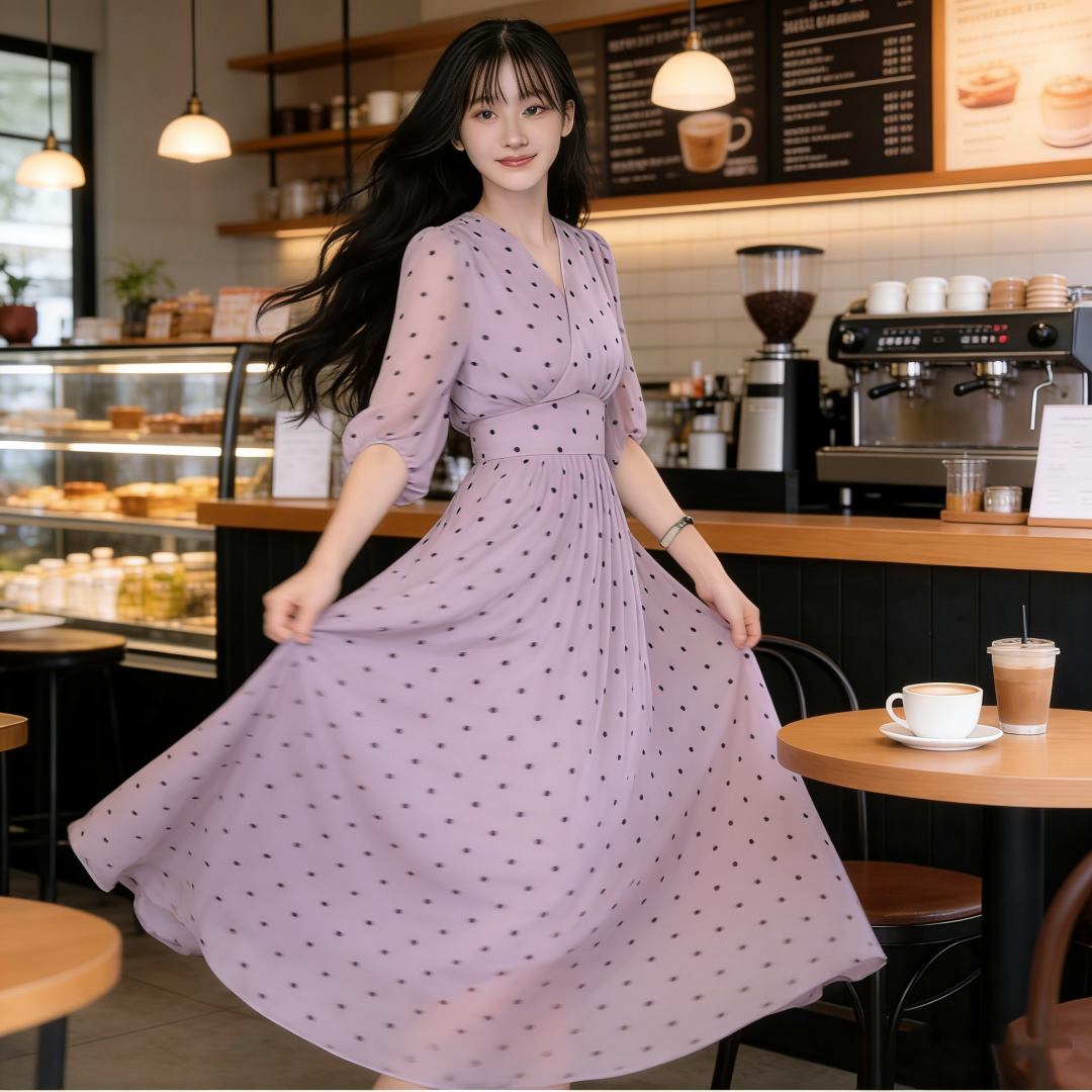 RY423#法式紫色波点泡泡袖连衣裙女2026夏季新款超好看独特漂亮收腰长裙