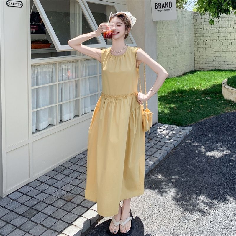 RY2055# 黄色收腰法式连衣裙2026新款女初夏流行大方得体小个子显瘦背心裙