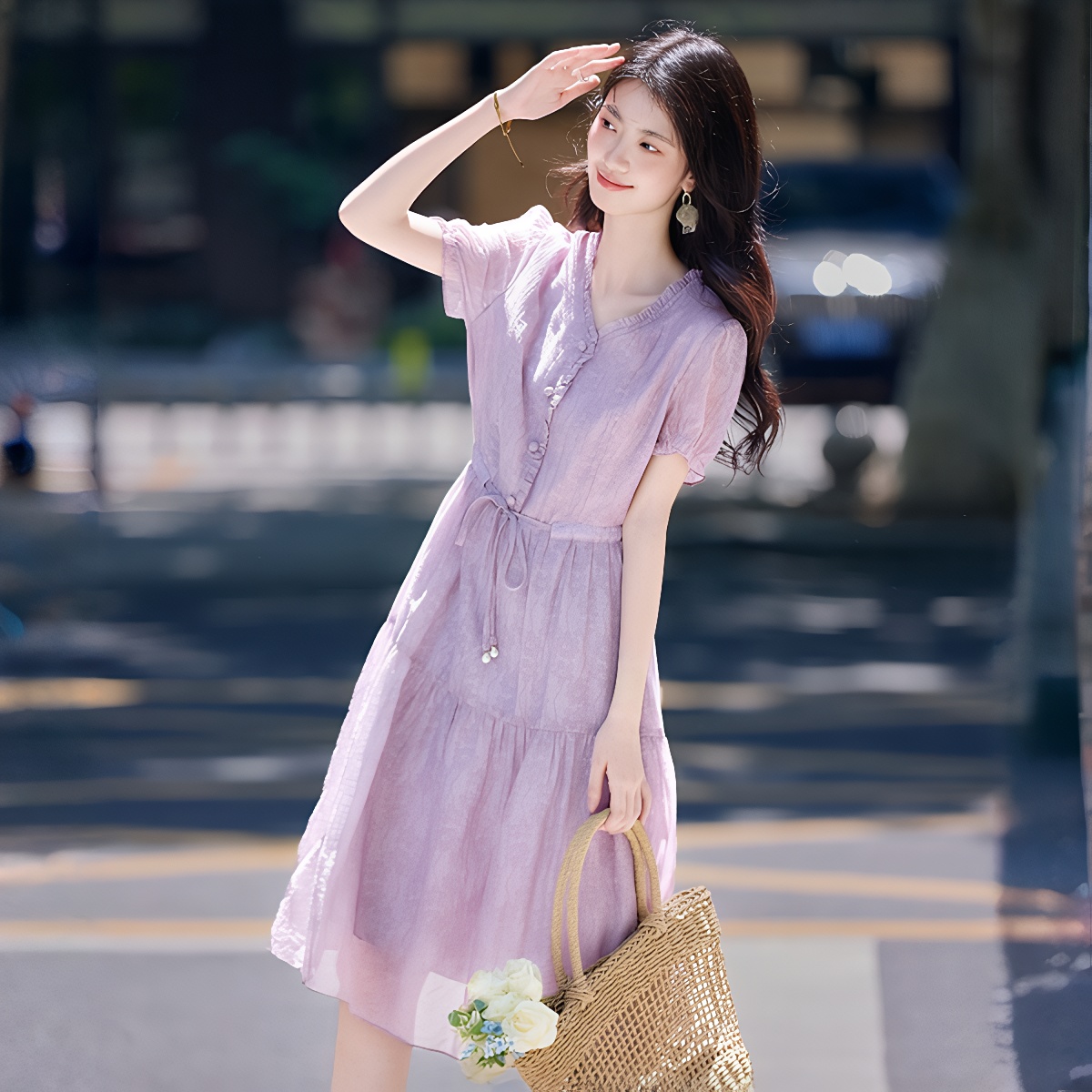 RY418# 优雅气质珍珠系带褶皱领印花裙女短袖2026夏季新款紫色V领连衣裙