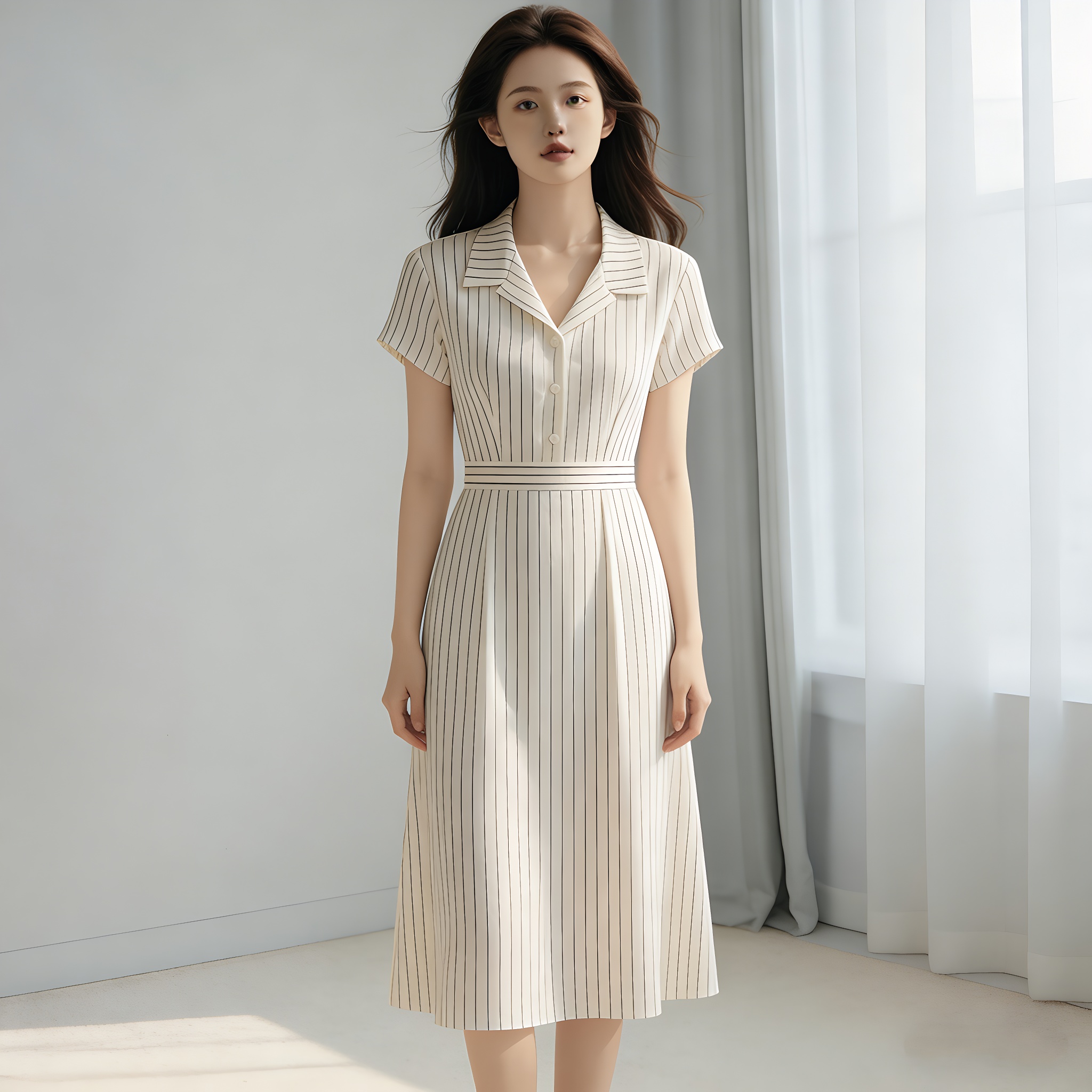 RY417# 2026新款轻奢高级感桔梗法式显瘦白色条纹连衣裙女夏减龄显白裙子