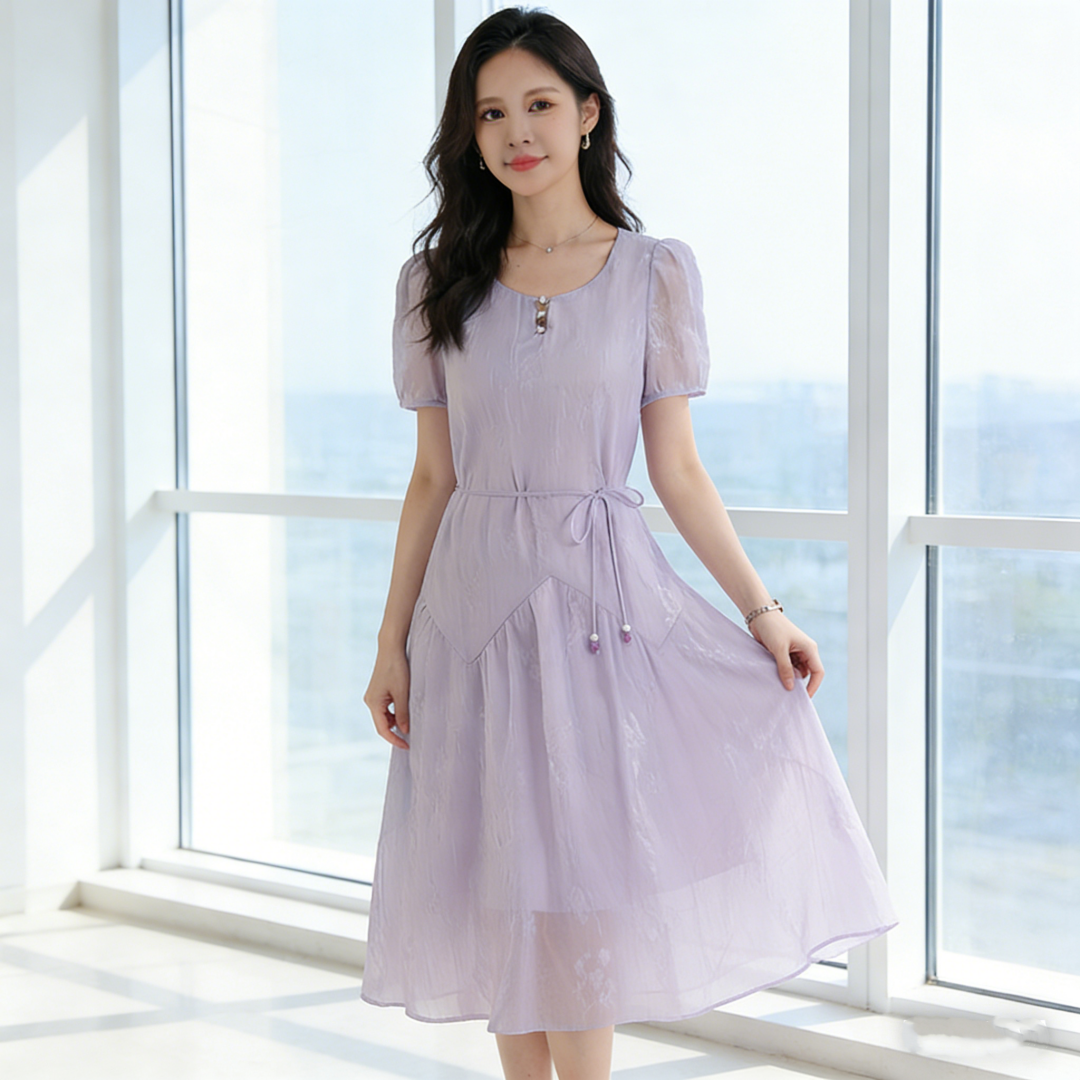 RY2070# 浅紫色连衣裙女夏2026新款泡泡袖系带收腰温柔风巨好看中长款裙子