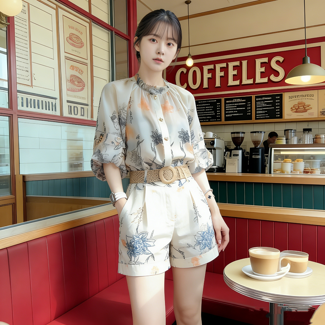 RY2050# 夏装搭配一整套轻奢高级感遮肉显瘦印花防晒雪纺衬衫短裤两件套...